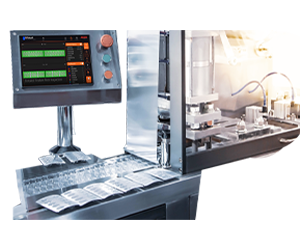 BiSmart 2.0 AI-powered blister pack inspection system with digital monitor showing real-time defect detection on pharmaceutical production line.