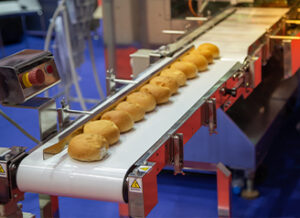 Freshly baked buns moving in a straight line on a hygienic conveyor system in a bakery production line, designed for automated inspection and quality control.
