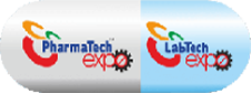 Capsule-shaped logo featuring PharmaTech Expo and LabTech Expo branding, with colorful design elements and gear symbol.