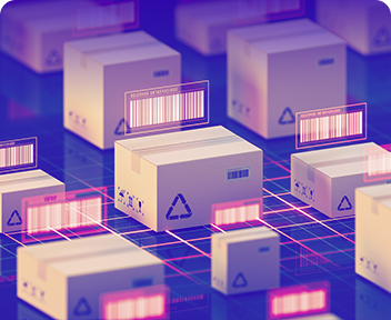 A visual of interconnected packages with barcodes, symbolizing the integration of Track & Trace, Vision Inspection, and Smart Factory Solutions for enhanced production.