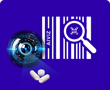 A visual representing advanced pharmaceutical inspection, featuring barcode scanning, AI technology, and medication tablets with a focus on trust and expertise.