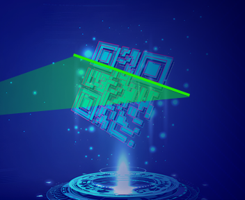 A futuristic image of a QR code being scanned, symbolizing tailored solutions in serialization and inspection by experts, with a glowing digital effect.