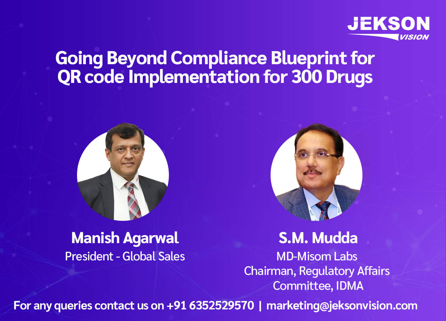 Jekson Vision webinar on going beyond compliance with QR code implementation for 300 drugs, featuring industry experts discussing strategy and execution