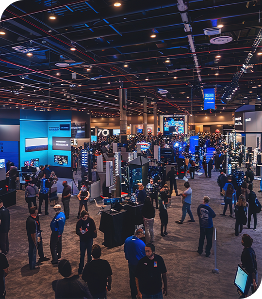 Wide view of a bustling exhibition hall with booths, displays, and attendees networking during a large-scale professional industry expo or convention.