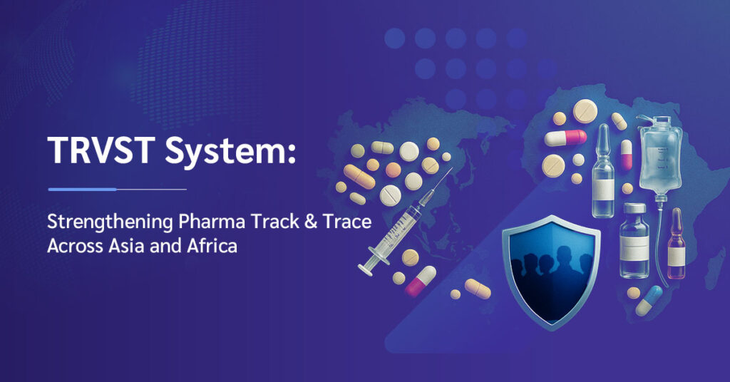 TRVST pharmaceutical track and trace system for Asia Africa with pills vaccines syringes and security shield illustration.
