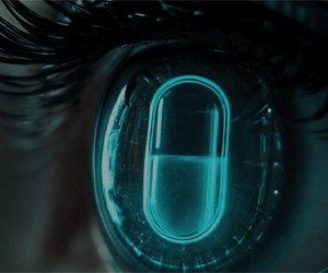 Close-up futuristic eye with a glowing pill reflection, symbolizing AI-powered pharmaceutical blister and tablet inspection technology of BiSmart 2.0.