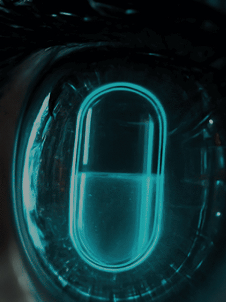 Close-up of a human eye with a glowing pill reflection, symbolizing BiSmart 2.0’s AI-powered vision system for intelligent pharmaceutical blister inspection.