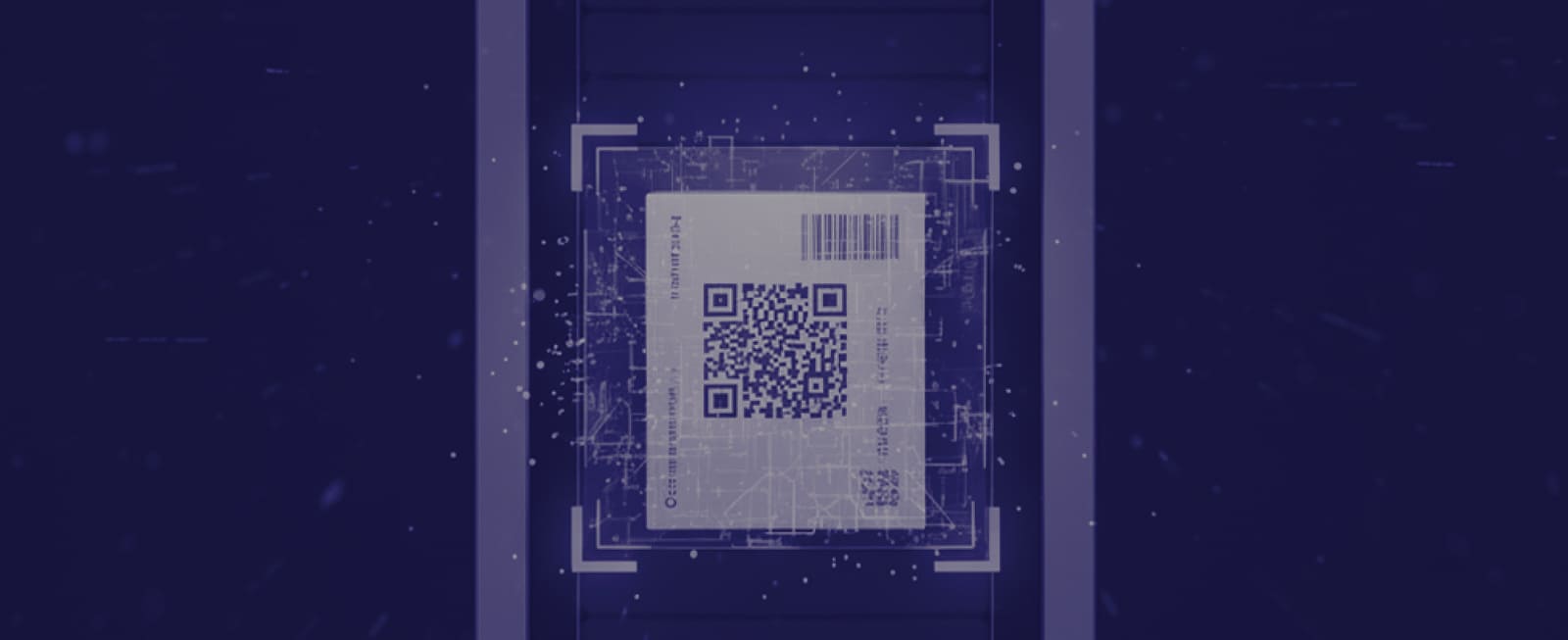 AI-powered serialization system scanning QR code label for pharma traceability and compliance with high-speed accuracy.