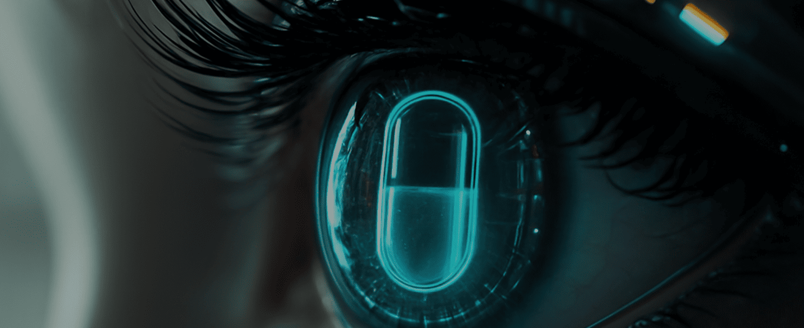 Close-up of a human eye with a glowing pill reflection, symbolizing BiSmart 2.0’s AI-powered vision system for intelligent pharmaceutical blister inspection.
