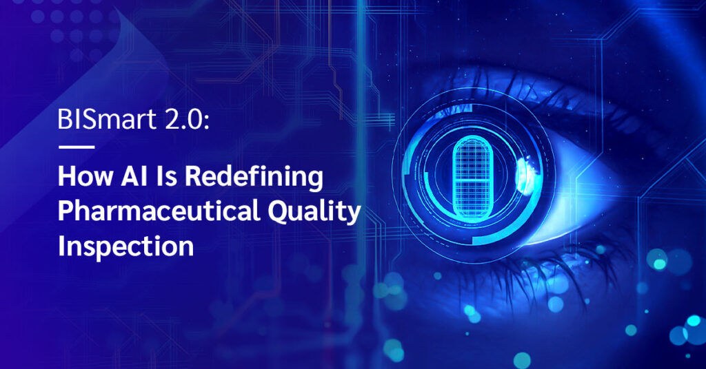 Digital eye graphic symbolizing AI-powered pharmaceutical blister inspection with BISmart 2.0, enhancing precision, compliance, and quality control.