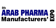 Official logo for the 8th Arab Pharma Manufacturers’ Expo, featuring bold blue and black event text and a vertical “EXPO” for industry branding.
