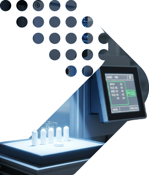 AI-powered vision inspection system inspecting pharmaceutical products on a production line to detect defects, verify quality, and ensure compliance.