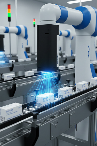 Robotic vision system scanning packages with QR codes on automated production line for serialization compliance.