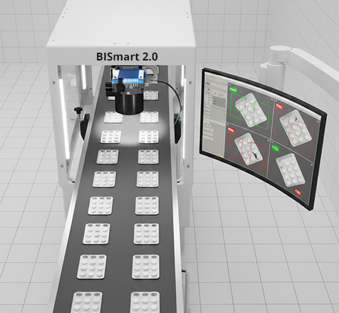 BiSmart 2.0 blister inspection system using deep learning to detect missing tablets, shape defects, embossing flaws, and other packaging defects in pharma lines.