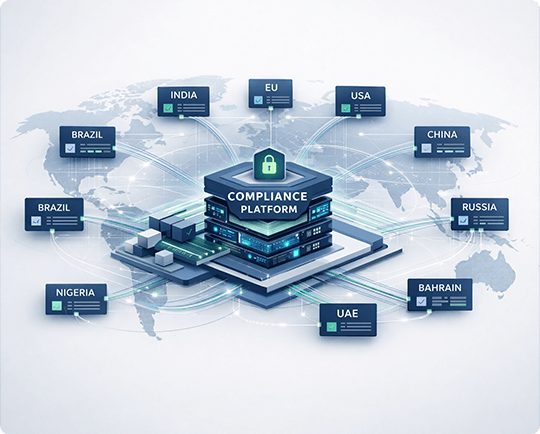Global pharmaceutical compliance platform diagram showing integration with regulatory portals across India EU UAE USA Brazil.