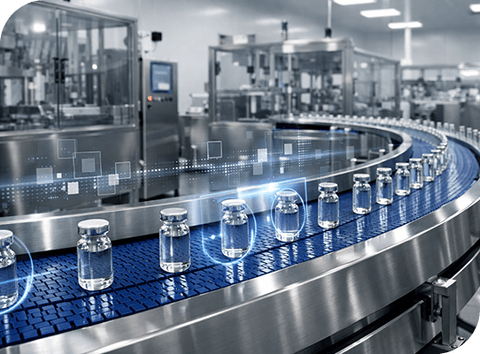 Vials moving on a pharmaceutical conveyor line illustrating line clearance checks to confirm no leftover products remain before starting a new batch.