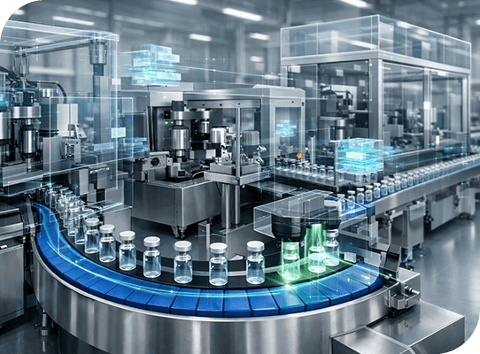 Automated pharmaceutical production line using REESMART to improve changeovers, increase efficiency, ensure quality control, and maintain regulatory compliance.
