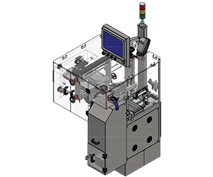 S107 compact serialization machine with 3D rendering showing three-sided printing and inspection capabilities with digital display and safety tower light.
