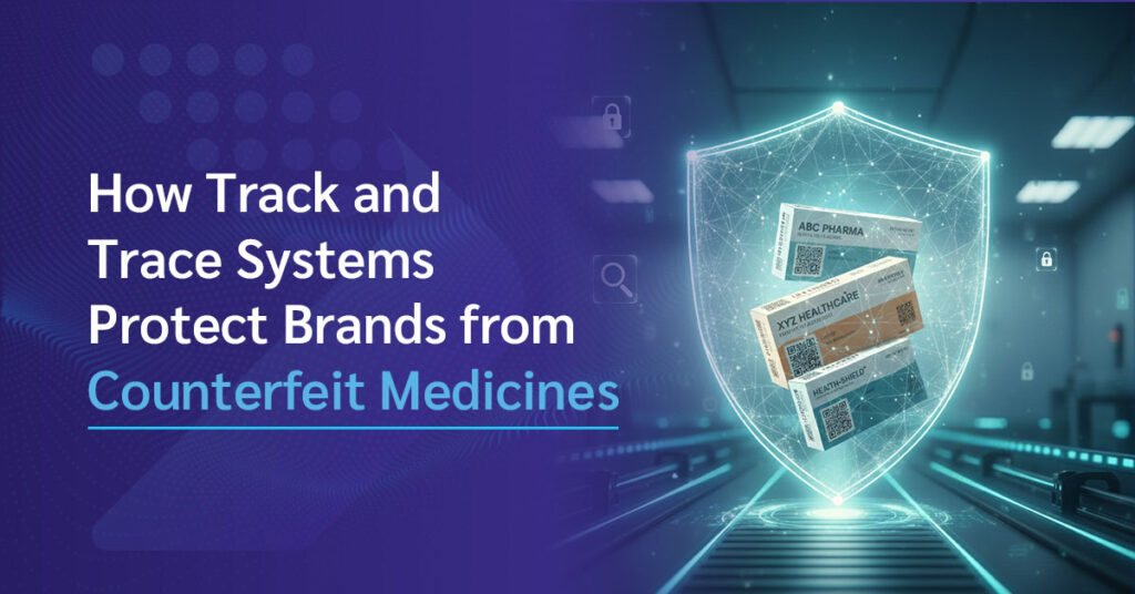 Digital shield protecting serialized pharma medicine packs with QR codes, representing track and trace anti-counterfeit supply chain security.