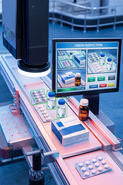 Automated vision inspection system monitoring pharmaceutical blister packs on production line with real-time quality control display
