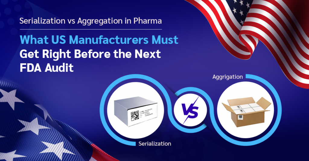 Serialization vs aggregation in pharma graphic for US manufacturers showing serialized carton, aggregated case, and FDA audit readiness theme with US flags.