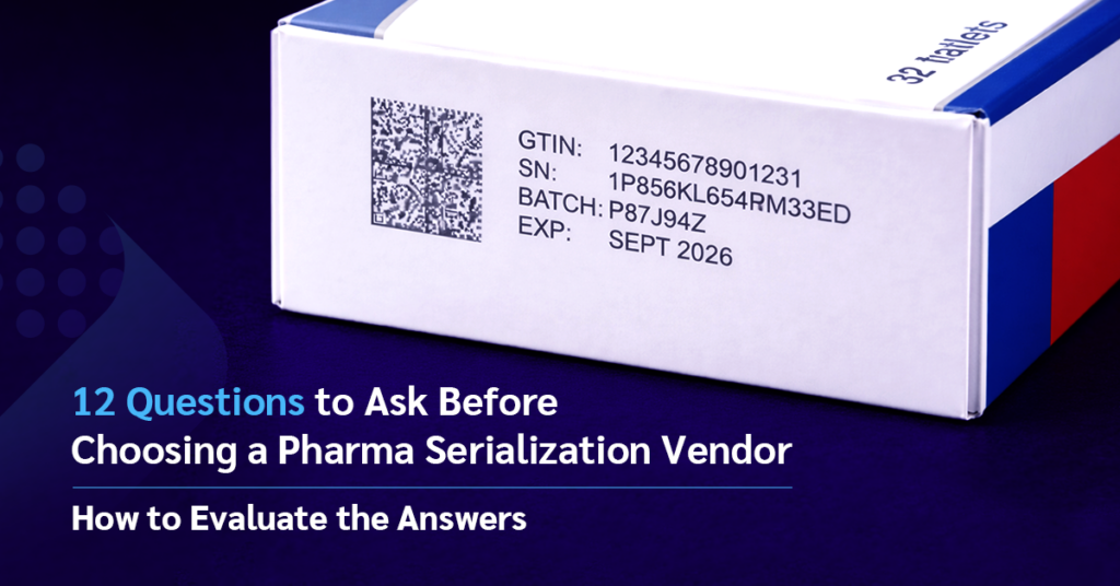 Pharma carton with 2D Data Matrix serialization code for evaluating pharmaceutical serialization vendors.