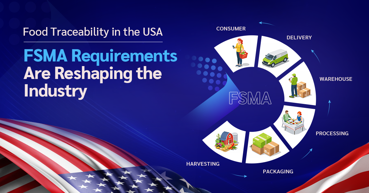 FSMA food traceability requirements showing supply chain stages: harvesting, packaging, processing, warehouse, delivery, and consumer